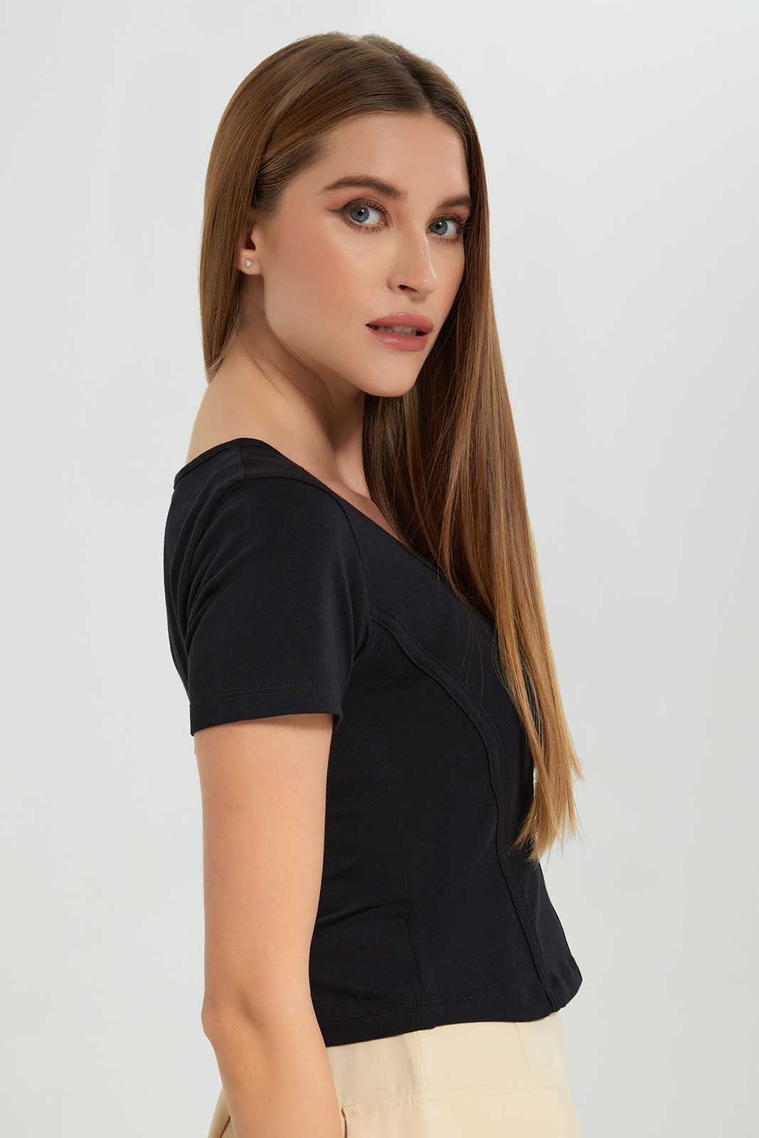 Redtag-Black-Squareneck-Shortsleeve-Top-Category:Tops,-Colour:Black,-Deals:New-In,-Filter:Women's-Clothing,-LEC,-LEC-Tops,-New-In-LEC-APL,-Non-Sale,-Section:Women,-W22B-Women's-