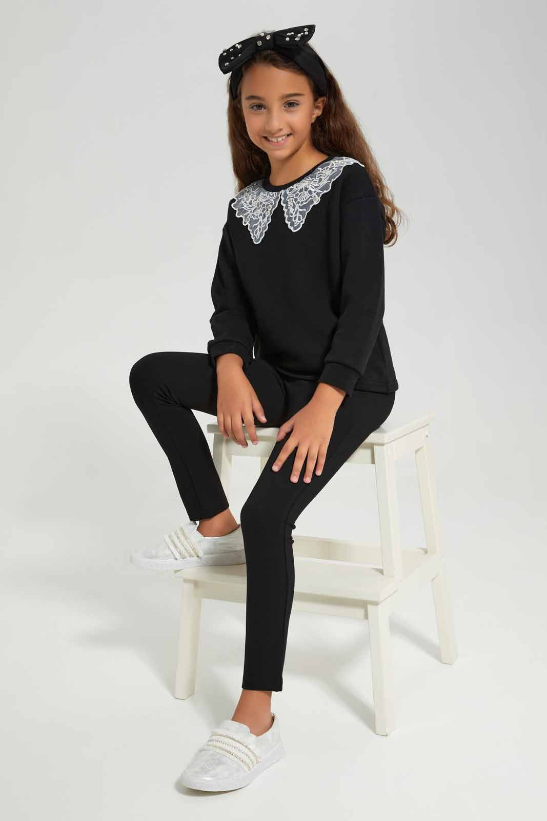 Redtag-Black-L/S-Sweatshirt-With-Lace-Collar-Category:Sweatshirts,-Colour:Black,-Deals:New-In,-Filter:Girls-(2-to-8-Yrs),-GIR-Sweatshirts,-New-In-GIR-APL,-Non-Sale,-Section:Girls-(0-to-14Yrs),-W22B-Girls-2 to 8 Years