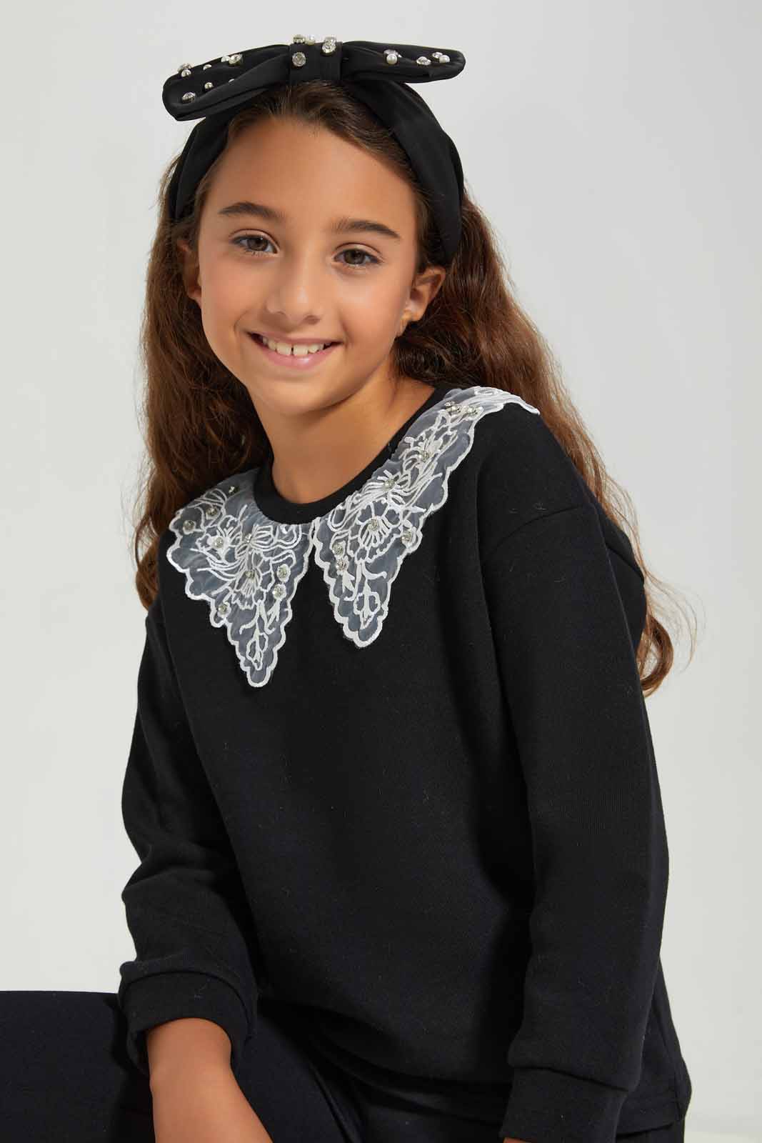 Redtag-Black-L/S-Sweatshirt-With-Lace-Collar-Category:Sweatshirts,-Colour:Black,-Deals:New-In,-Filter:Girls-(2-to-8-Yrs),-GIR-Sweatshirts,-New-In-GIR-APL,-Non-Sale,-Section:Girls-(0-to-14Yrs),-W22B-Girls-2 to 8 Years