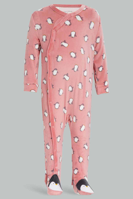 Redtag-Pink-Pl-Aop-Penguin-Vel-Sleepsuit-Category:Sleepsuits,-Colour:Apricot,-Deals:New-In,-Dept:New-Born,-Filter:Baby-(0-to-12-Mths),-NBG-Sleepsuits,-New-In-NBG-APL,-Non-Sale,-Section:Girls-(0-to-14Yrs),-W22B-Baby-0 to 12 Months