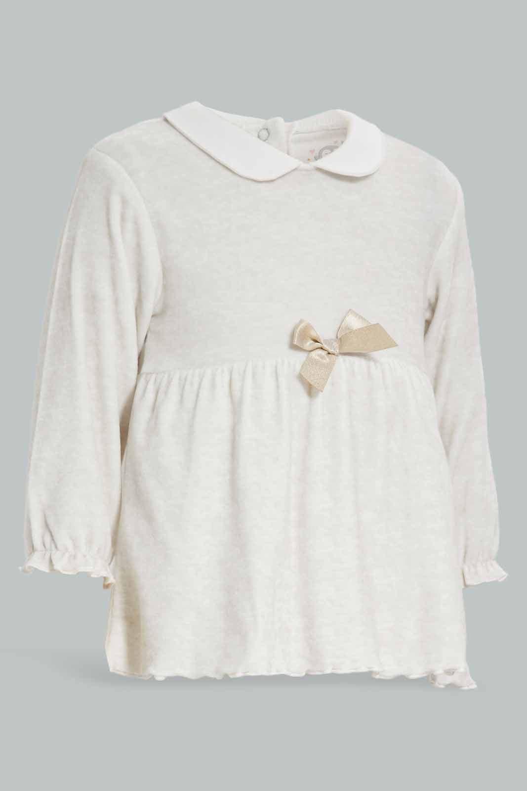Redtag-Beige-Pl-Velour-Ribbon-Dress-Category:Dresses,-Colour:Beige,-Deals:New-In,-Dept:New-Born,-Filter:Baby-(0-to-12-Mths),-NBG-Dresses,-New-In-NBG-APL,-Non-Sale,-Section:Girls-(0-to-14Yrs),-W22B-Baby-0 to 12 Months
