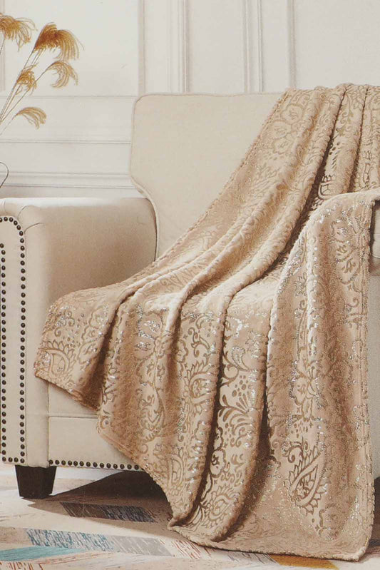 Redtag-Beige-Flannel-Throw-With-Floral-Foil-Print-Category:Throws,-Colour:Beige,-Deals:New-In,-Dept:Home,-Filter:Home-Bedroom,-HMW-BED-Throws,-Nature,-New-In-HMW-BED,-Non-Sale,-Section:Homewares,-W22B-Home-Bedroom-