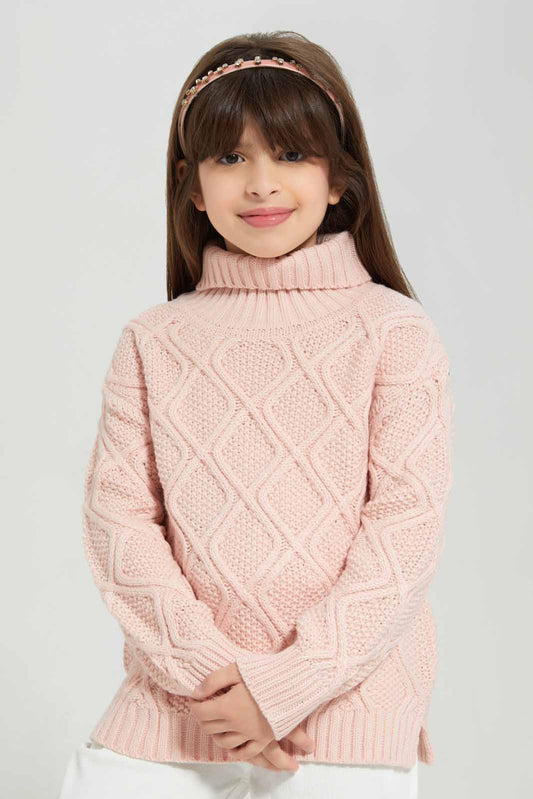 Redtag-Pink-Long-Sleeve-High-Neck-Pullover-Category:Pullovers,-Colour:Apricot,-Deals:New-In,-EHW,-Filter:Girls-(2-to-8-Yrs),-GIR-Pullovers,-New-In-GIR-APL,-Non-Sale,-Section:Girls-(0-to-14Yrs),-W22B-Girls-2 to 8 Years