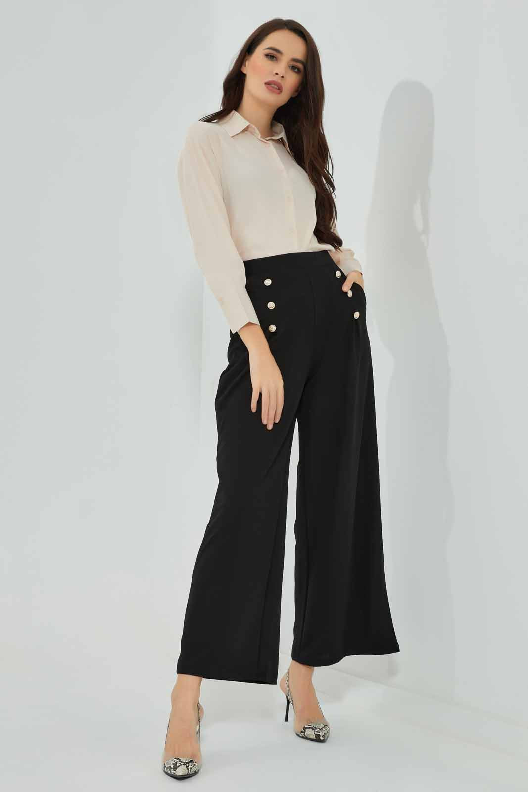 Redtag-Ladies-Wide-Leg-Knit-Trouser-With-Buttons-&-Pleast-at-Front-Category:Trousers,-Colour:Black,-Deals:New-In,-Filter:Women's-Clothing,-New-In-Women-APL,-Non-Sale,-Section:Women,-W22B,-Women-Trousers-Women's-