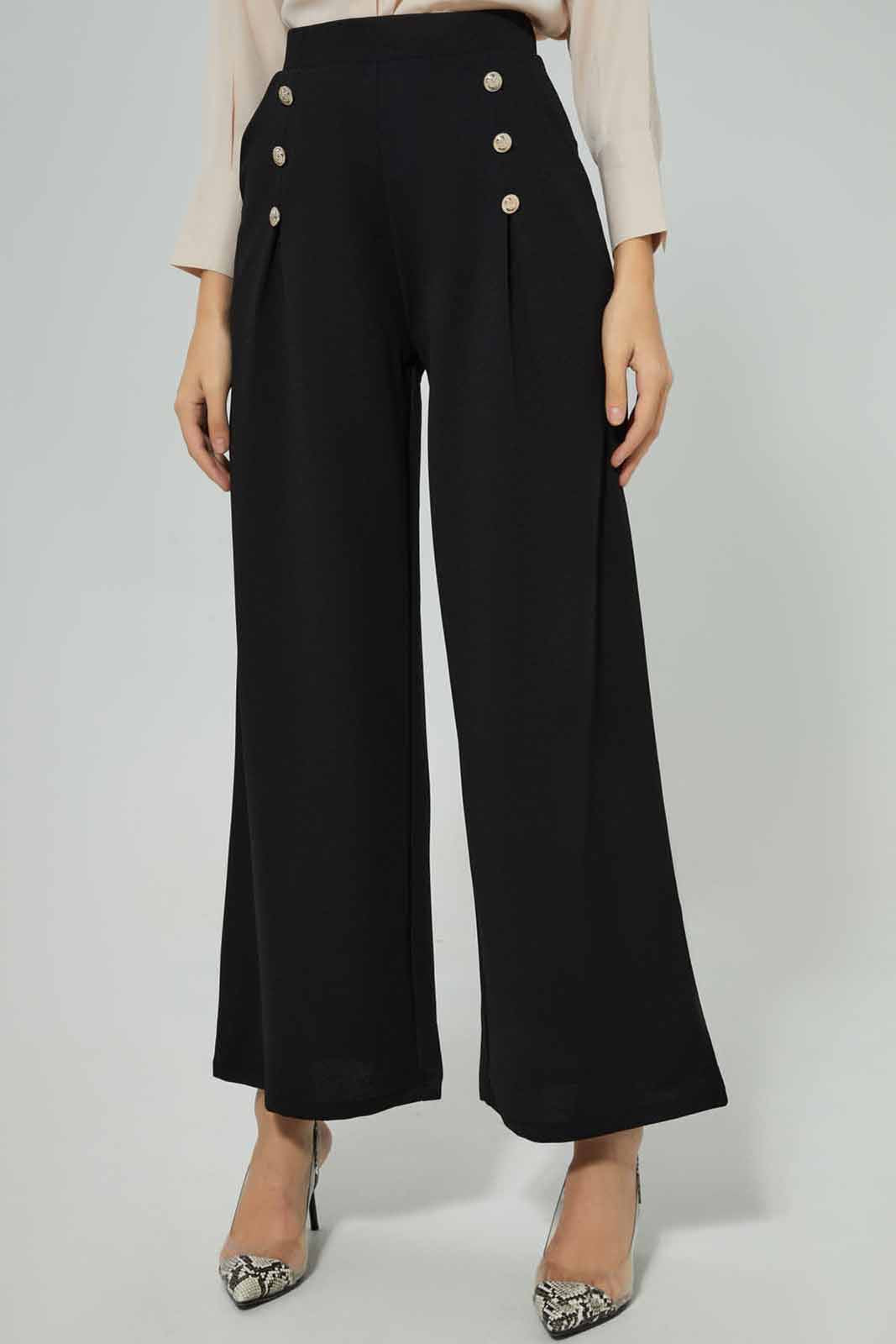 Redtag-Ladies-Wide-Leg-Knit-Trouser-With-Buttons-&-Pleast-at-Front-Category:Trousers,-Colour:Black,-Deals:New-In,-Filter:Women's-Clothing,-New-In-Women-APL,-Non-Sale,-Section:Women,-W22B,-Women-Trousers-Women's-