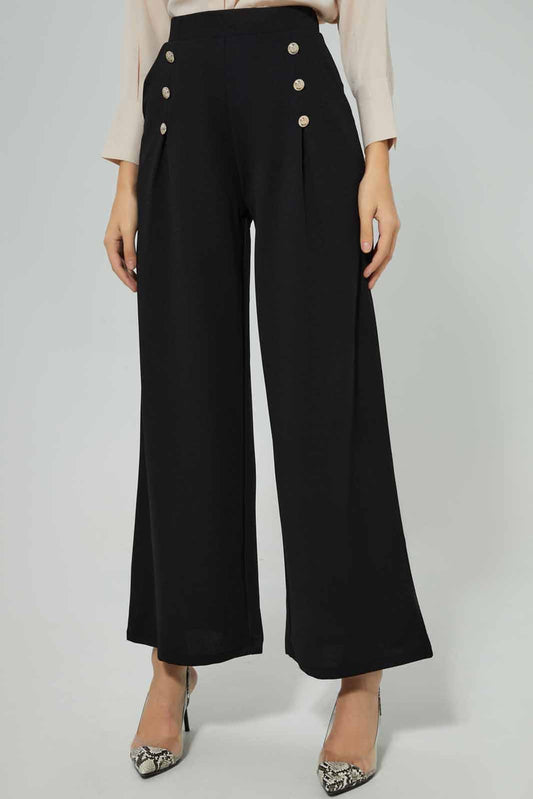 Redtag-Ladies-Wide-Leg-Knit-Trouser-With-Buttons-&-Pleast-at-Front-Category:Trousers,-Colour:Black,-Deals:New-In,-Filter:Women's-Clothing,-New-In-Women-APL,-Non-Sale,-Section:Women,-W22B,-Women-Trousers-Women's-