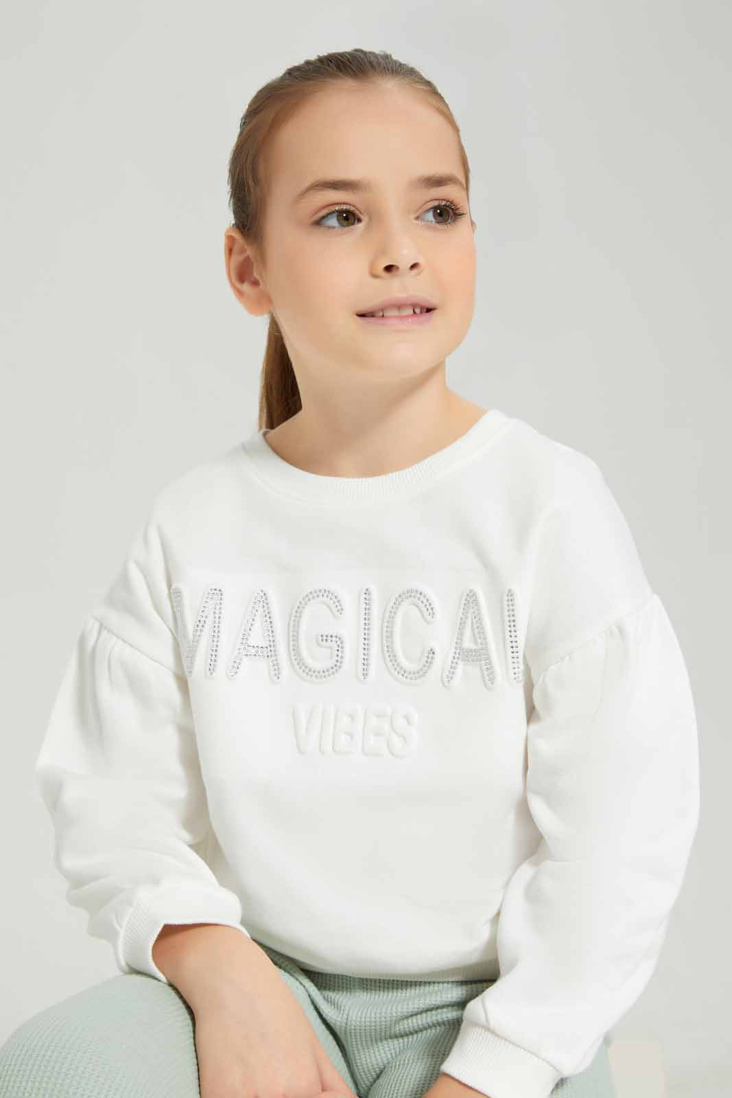 Girls White Embossed Sweatshirt