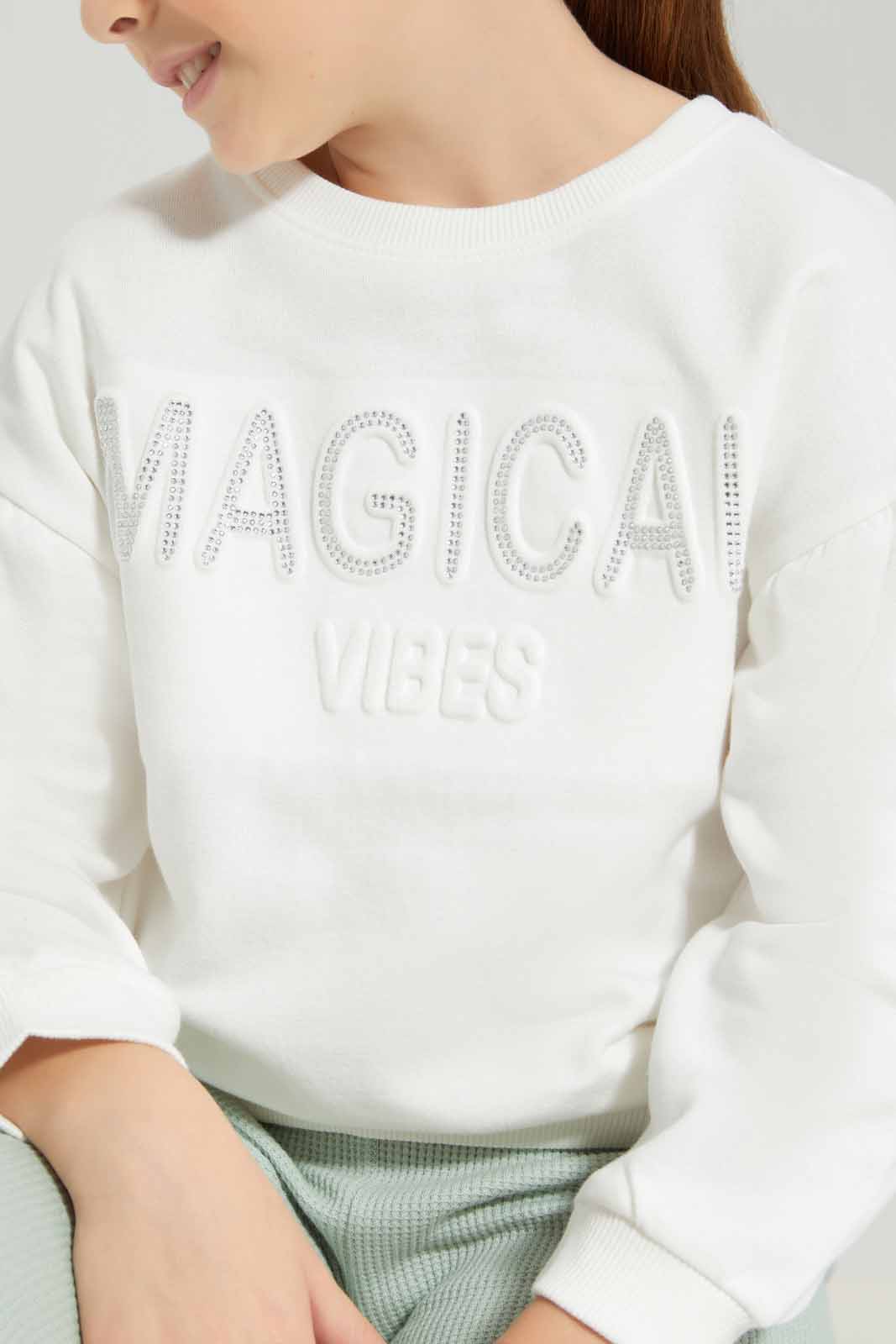 Girls White Embossed Sweatshirt