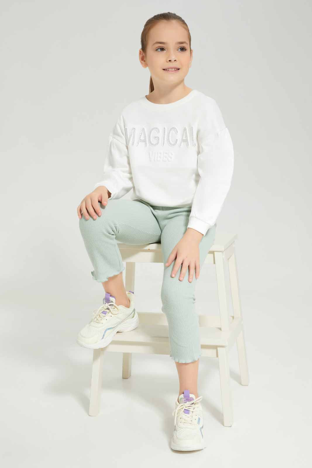 Girls White Embossed Sweatshirt