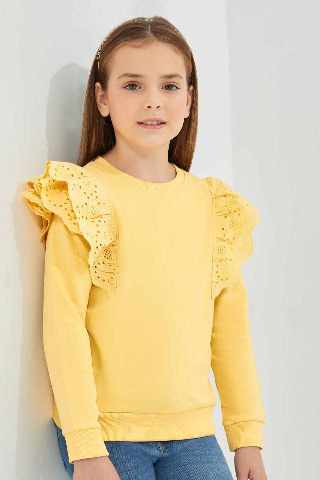 Redtag-Yellow-Long-Sleeve-Sweatshirt-With-Fill-At-Shoulder-Category:Sweatshirts,-Colour:Yellow,-Deals:New-In,-Filter:Girls-(2-to-8-Yrs),-GIR-Sweatshirts,-New-In-GIR-APL,-Non-Sale,-Section:Girls-(0-to-14Yrs),-W22B-Girls-2 to 8 Years