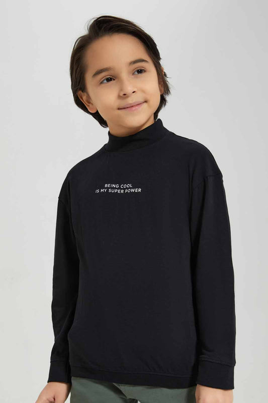 Redtag-Black-Long-Sleeve-Turtle-Neck-T-Shirt-With-Slogan-Print-BOY-T-Shirts,-BTS,-Category:T-Shirts,-Colour:Black,-Deals:New-In,-Filter:Boys-(2-to-8-Yrs),-New-In-BOY-APL,-Non-Sale,-Section:Boys-(0-to-14Yrs),-TBL,-W22B-Boys-2 to 8 Years