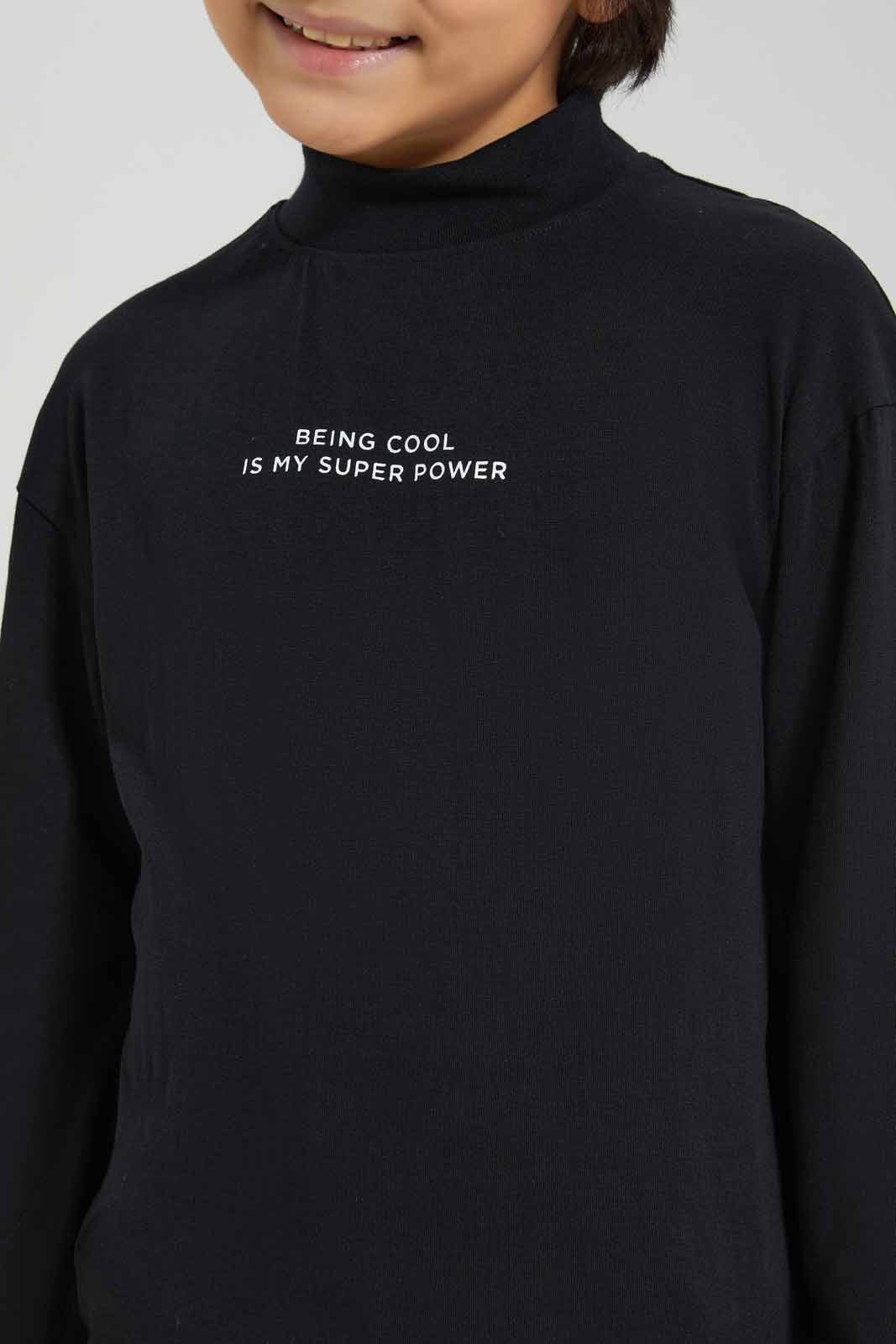 Redtag-Black-Long-Sleeve-Turtle-Neck-T-Shirt-With-Slogan-Print-BOY-T-Shirts,-BTS,-Category:T-Shirts,-Colour:Black,-Deals:New-In,-Filter:Boys-(2-to-8-Yrs),-New-In-BOY-APL,-Non-Sale,-Section:Boys-(0-to-14Yrs),-TBL,-W22B-Boys-2 to 8 Years