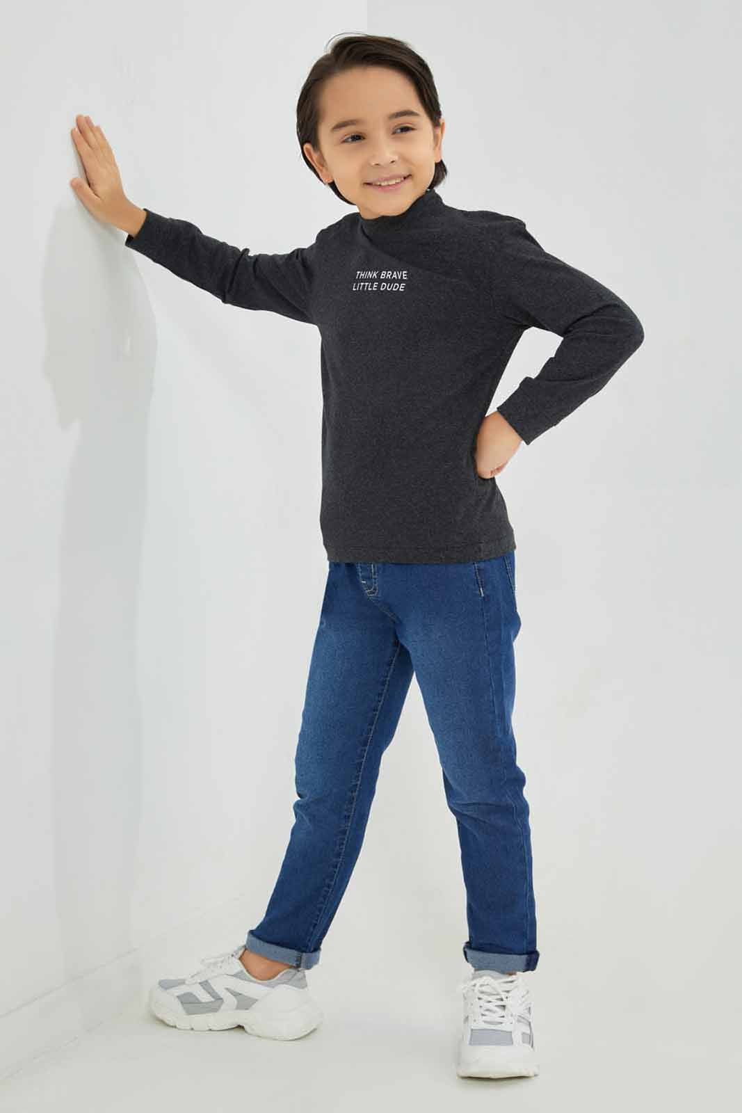 Redtag-Charcoal-Mel-Long-Sleeve-Turtle-Neck-T-Shirt-With-Slogan-Print-BOY-T-Shirts,-Category:T-Shirts,-Colour:Charcoal,-Deals:New-In,-Filter:Boys-(2-to-8-Yrs),-New-In-BOY-APL,-Non-Sale,-Section:Boys-(0-to-14Yrs),-TBL,-W22B-Boys-2 to 8 Years