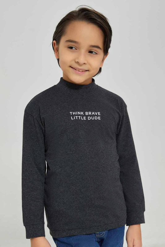 Redtag-Charcoal-Mel-Long-Sleeve-Turtle-Neck-T-Shirt-With-Slogan-Print-BOY-T-Shirts,-Category:T-Shirts,-Colour:Charcoal,-Deals:New-In,-Filter:Boys-(2-to-8-Yrs),-New-In-BOY-APL,-Non-Sale,-Section:Boys-(0-to-14Yrs),-TBL,-W22B-Boys-2 to 8 Years