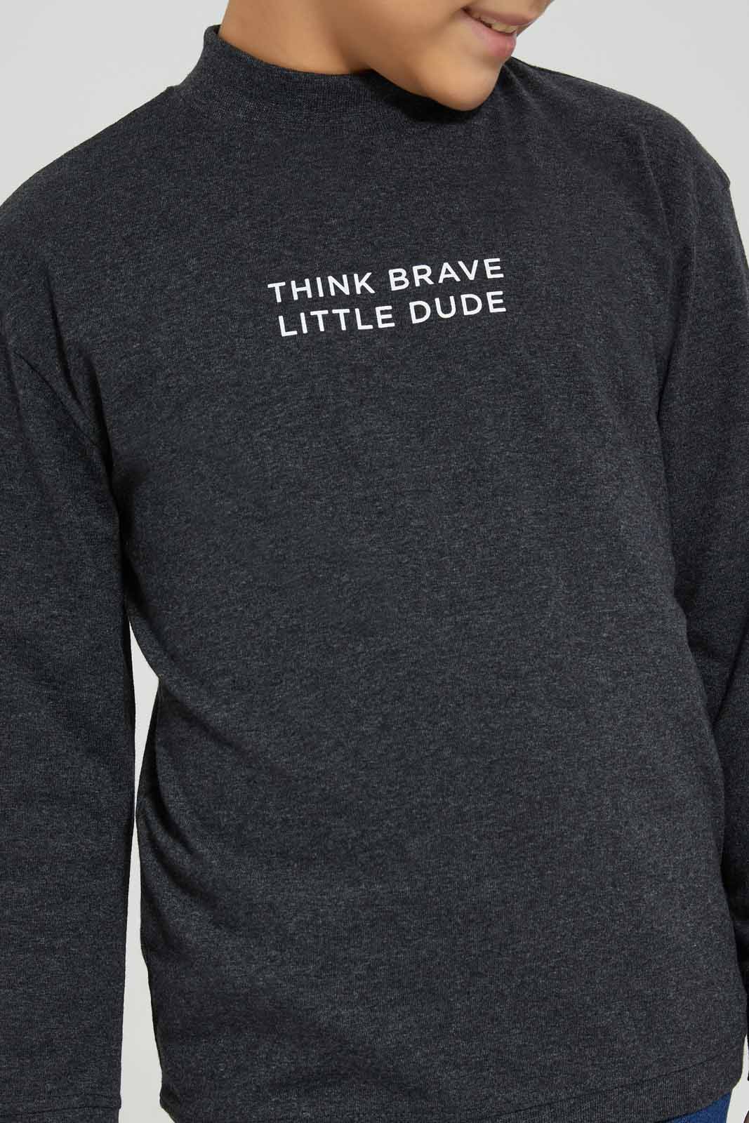 Redtag-Charcoal-Mel-Long-Sleeve-Turtle-Neck-T-Shirt-With-Slogan-Print-BOY-T-Shirts,-Category:T-Shirts,-Colour:Charcoal,-Deals:New-In,-Filter:Boys-(2-to-8-Yrs),-New-In-BOY-APL,-Non-Sale,-Section:Boys-(0-to-14Yrs),-TBL,-W22B-Boys-2 to 8 Years