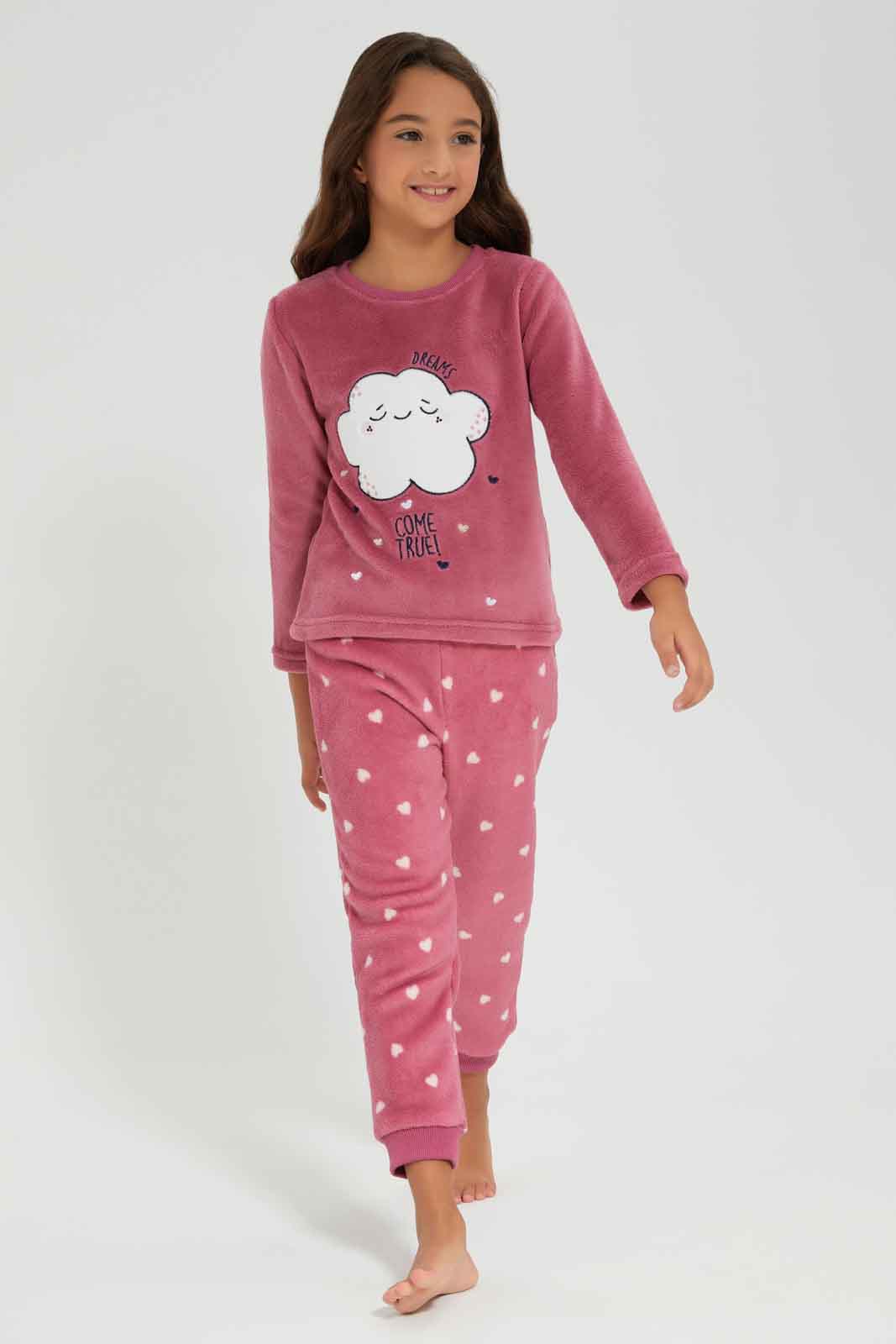 Redtag-CORAL-FLEECE-PJ---HEART-Category:Pyjama-Sets,-Colour:Lilac,-Deals:New-In,-Filter:Girls-(2-to-8-Yrs),-GIR-Pyjama-Sets,-New-In-GIR-APL,-Non-Sale,-Section:Girls-(0-to-14Yrs),-W22B-Girls-2 to 8 Years
