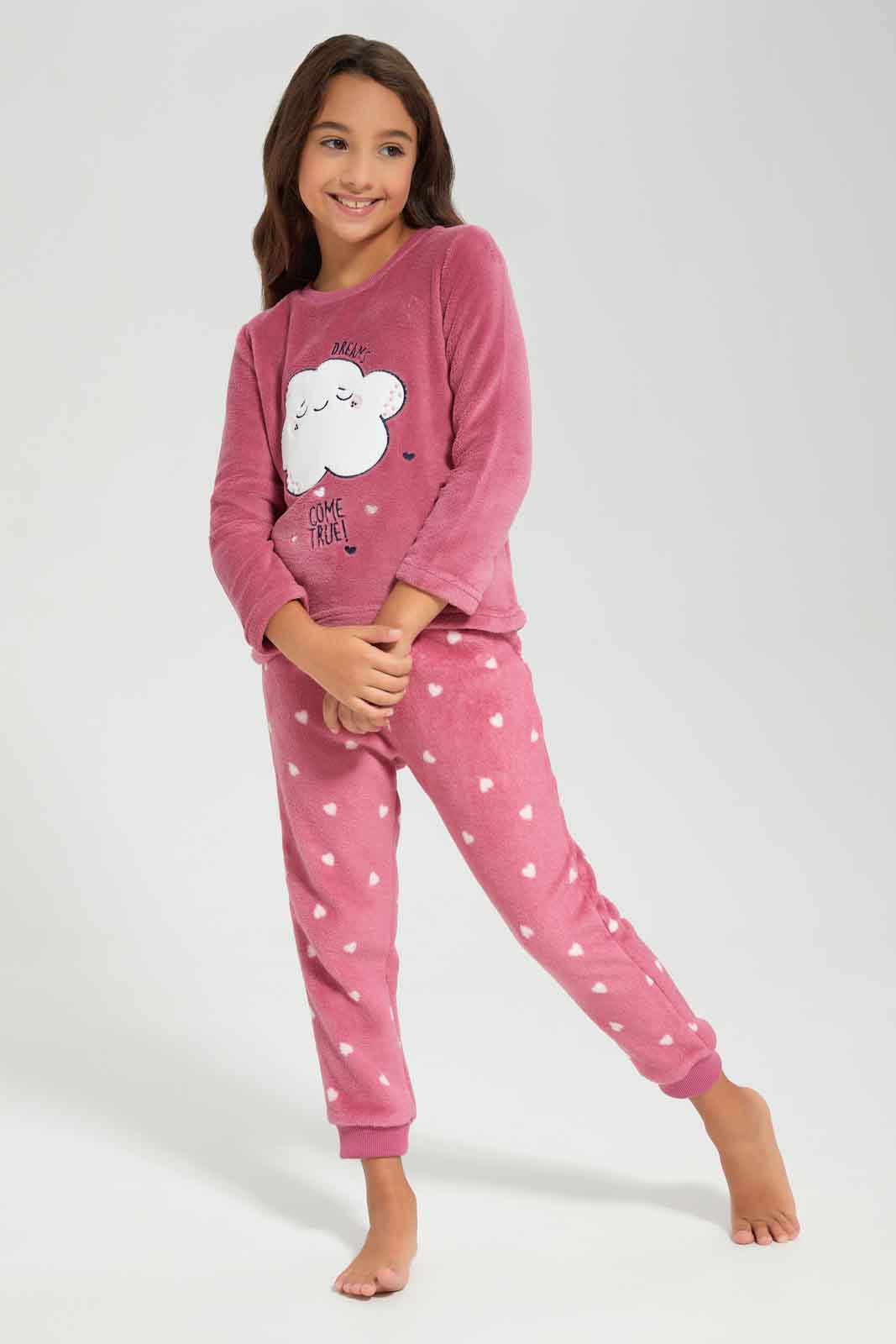 Redtag-CORAL-FLEECE-PJ---HEART-Category:Pyjama-Sets,-Colour:Lilac,-Deals:New-In,-Filter:Girls-(2-to-8-Yrs),-GIR-Pyjama-Sets,-New-In-GIR-APL,-Non-Sale,-Section:Girls-(0-to-14Yrs),-W22B-Girls-2 to 8 Years