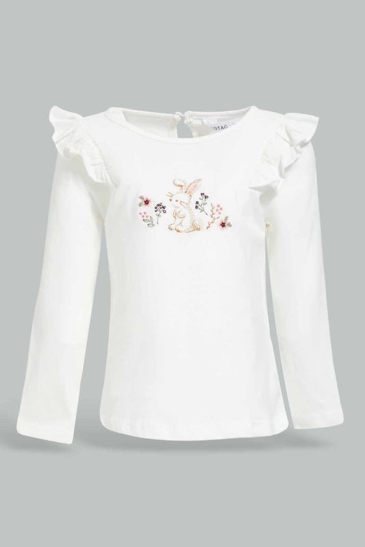 Redtag-White-Rabbit-Embrouidery-T-Shirt-Category:T-Shirts,-Colour:White,-Deals:New-In,-Filter:Infant-Girls-(3-to-24-Mths),-ING-T-Shirts,-New-In-ING-APL,-Non-Sale,-Section:Girls-(0-to-14Yrs),-W22B-Infant-Girls-3 to 24 Months