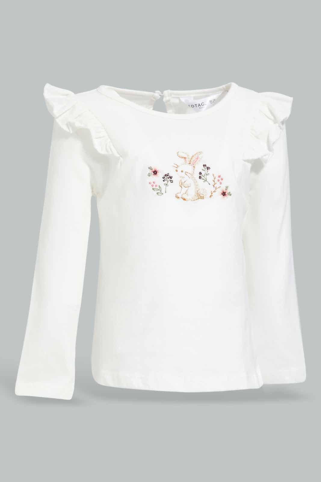 Redtag-White-Rabbit-Embrouidery-T-Shirt-Category:T-Shirts,-Colour:White,-Deals:New-In,-Filter:Infant-Girls-(3-to-24-Mths),-ING-T-Shirts,-New-In-ING-APL,-Non-Sale,-Section:Girls-(0-to-14Yrs),-W22B-Infant-Girls-3 to 24 Months