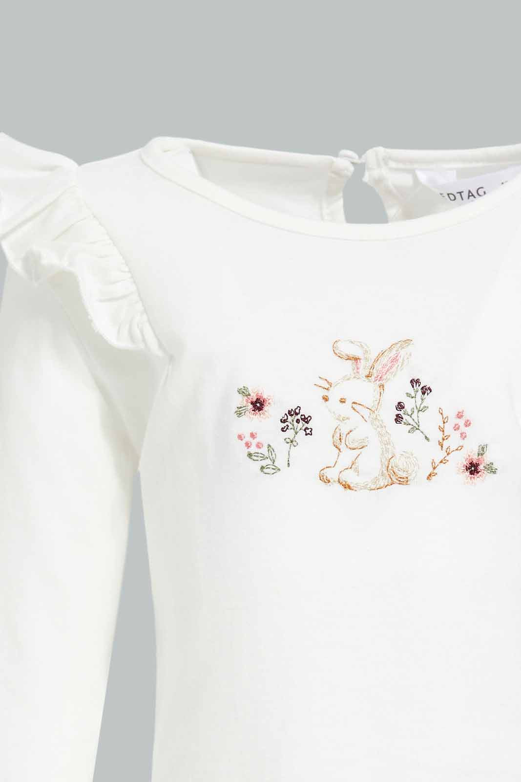 Redtag-White-Rabbit-Embrouidery-T-Shirt-Category:T-Shirts,-Colour:White,-Deals:New-In,-Filter:Infant-Girls-(3-to-24-Mths),-ING-T-Shirts,-New-In-ING-APL,-Non-Sale,-Section:Girls-(0-to-14Yrs),-W22B-Infant-Girls-3 to 24 Months