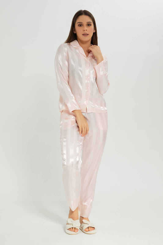 Redtag-PALE-PINK-SATIN-PAJAMA-SET-STRIPE-Category:Pyjama-Sets,-Colour:Apricot,-Deals:New-In,-Dept:Ladieswear,-Filter:Women's-Clothing,-New-In-Women-APL,-Non-Sale,-Section:Women,-W22B,-Women-Pyjama-Sets--