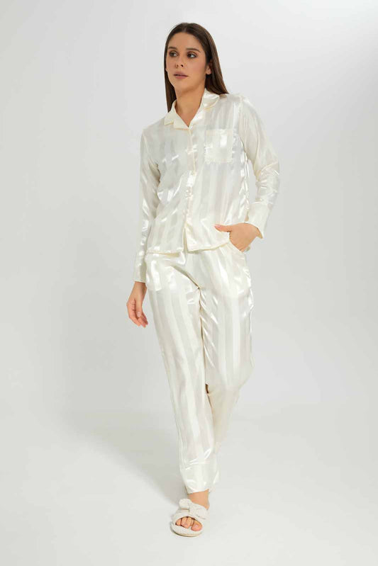 Redtag-BEIGE-SATIN-PAJAMA-SET-STRIPE-Category:Pyjama-Sets,-Colour:Beige,-Deals:New-In,-Dept:Ladieswear,-Filter:Women's-Clothing,-New-In-Women-APL,-Non-Sale,-Section:Women,-W22B,-Women-Pyjama-Sets--
