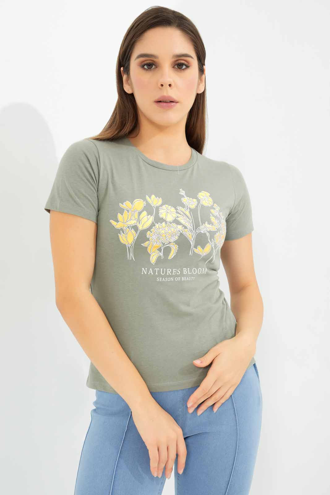 Redtag-Dark-Green-Printed-T-Shirt-Category:T-Shirts,-Colour:Olive,-Deals:New-In,-Dept:Ladieswear,-Filter:Women's-Clothing,-New-In-Women-APL,-Non-Sale,-Section:Women,-TBL,-W22B,-Women-T-Shirts-Women's-