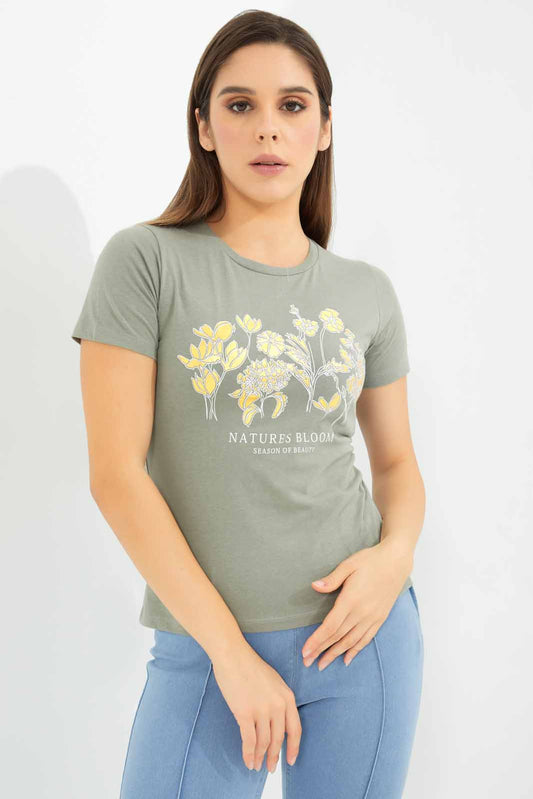 Redtag-Dark-Green-Printed-T-Shirt-Category:T-Shirts,-Colour:Olive,-Deals:New-In,-Dept:Ladieswear,-Filter:Women's-Clothing,-New-In-Women-APL,-Non-Sale,-Section:Women,-TBL,-W22B,-Women-T-Shirts-Women's-