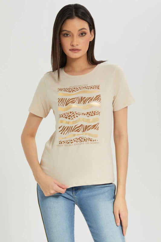 Redtag-Beige-Printed-T-Shirt-Category:T-Shirts,-Colour:Beige,-Deals:New-In,-Dept:Ladieswear,-Filter:Women's-Clothing,-New-In-Women-APL,-Non-Sale,-Section:Women,-TBL,-W22B,-Women-T-Shirts-Women's-