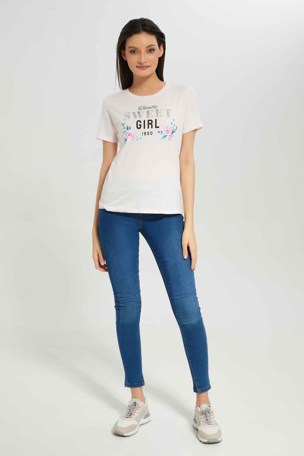 Redtag-Pale-Pink-Printed-T-Shirt-Category:T-Shirts,-Colour:Apricot,-Deals:New-In,-Dept:Ladieswear,-Filter:Women's-Clothing,-New-In-Women-APL,-Non-Sale,-Section:Women,-TBL,-W22B,-Women-T-Shirts-Women's-