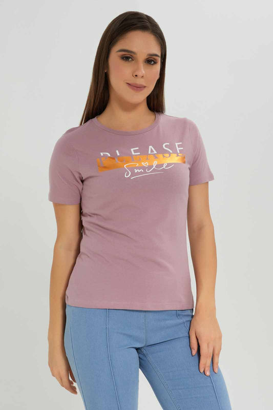 Redtag-Mauve-Printed-T-Shirt-Category:T-Shirts,-Colour:Mauve,-Deals:New-In,-Dept:Ladieswear,-Filter:Women's-Clothing,-New-In-Women-APL,-Non-Sale,-Section:Women,-TBL,-W22B,-Women-T-Shirts-Women's-