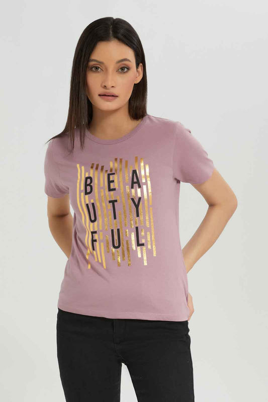 Redtag-Mauve-Printed-T-Shirt-Category:T-Shirts,-Colour:Mauve,-Deals:New-In,-Dept:Ladieswear,-Filter:Women's-Clothing,-New-In-Women-APL,-Non-Sale,-Section:Women,-TBL,-W22B,-Women-T-Shirts-Women's-