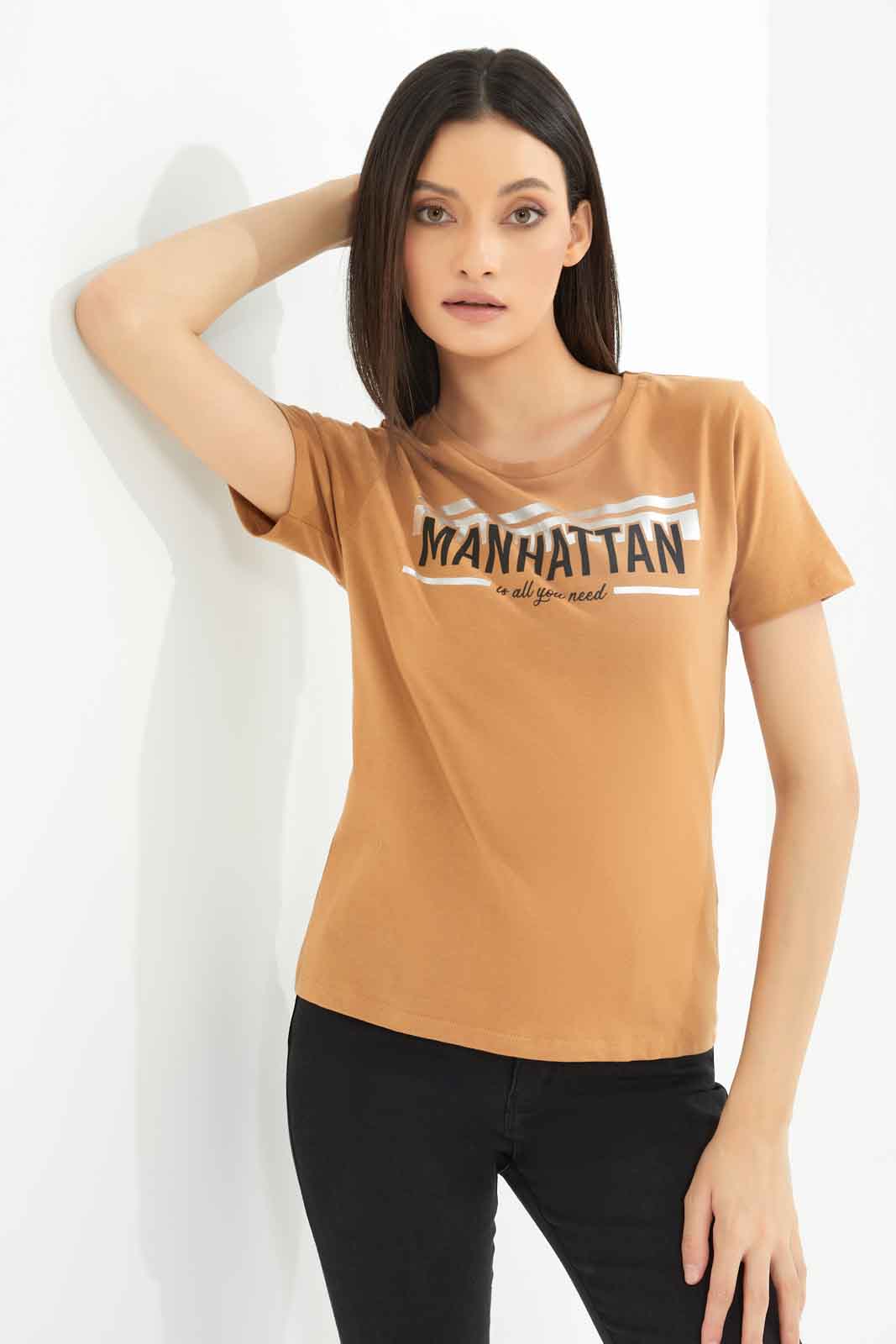 Redtag-Brown-Printed-T-Shirt-Category:T-Shirts,-Colour:Brown,-Deals:New-In,-Dept:Ladieswear,-Filter:Women's-Clothing,-New-In-Women-APL,-Non-Sale,-Section:Women,-TBL,-W22B,-Women-T-Shirts-Women's-