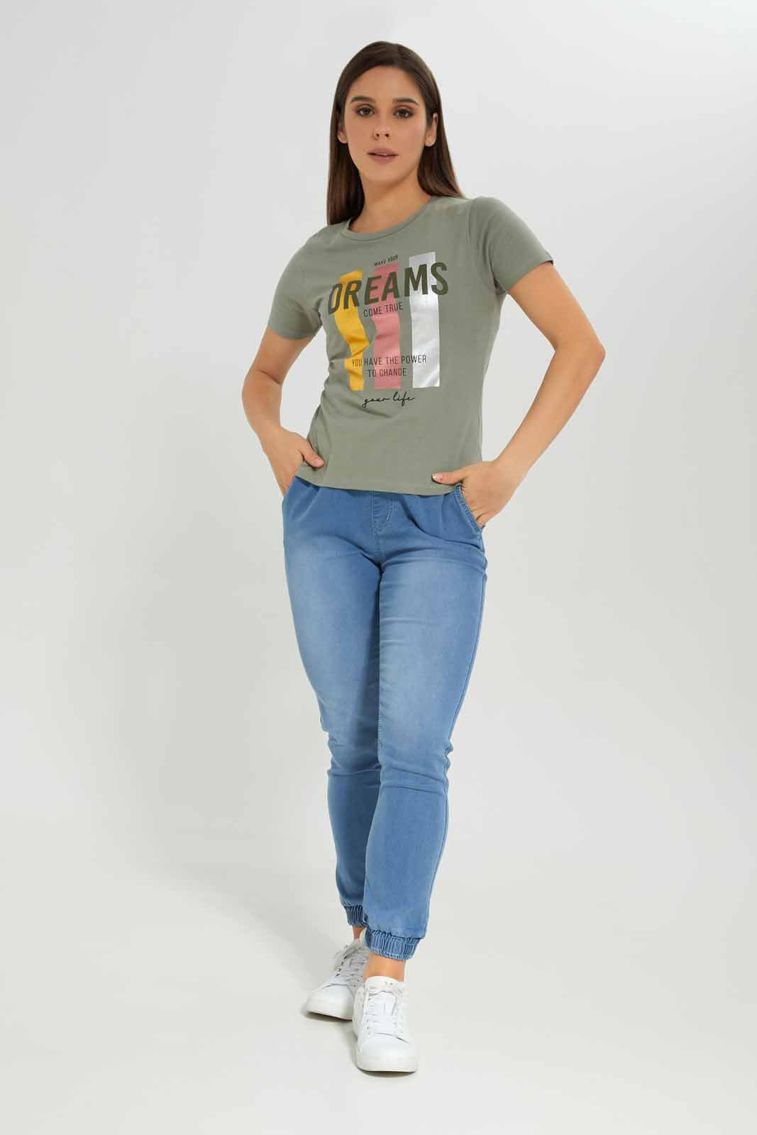 Redtag-Dark-Green-Printed-T-Shirt-Category:T-Shirts,-Colour:Olive,-Deals:New-In,-Dept:Ladieswear,-Filter:Women's-Clothing,-New-In-Women-APL,-Non-Sale,-Section:Women,-TBL,-W22B,-Women-T-Shirts-Women's-