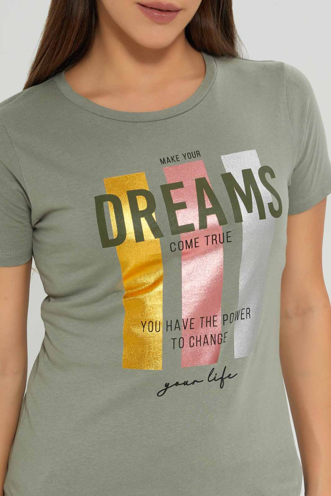 Redtag-Dark-Green-Printed-T-Shirt-Category:T-Shirts,-Colour:Olive,-Deals:New-In,-Dept:Ladieswear,-Filter:Women's-Clothing,-New-In-Women-APL,-Non-Sale,-Section:Women,-TBL,-W22B,-Women-T-Shirts-Women's-