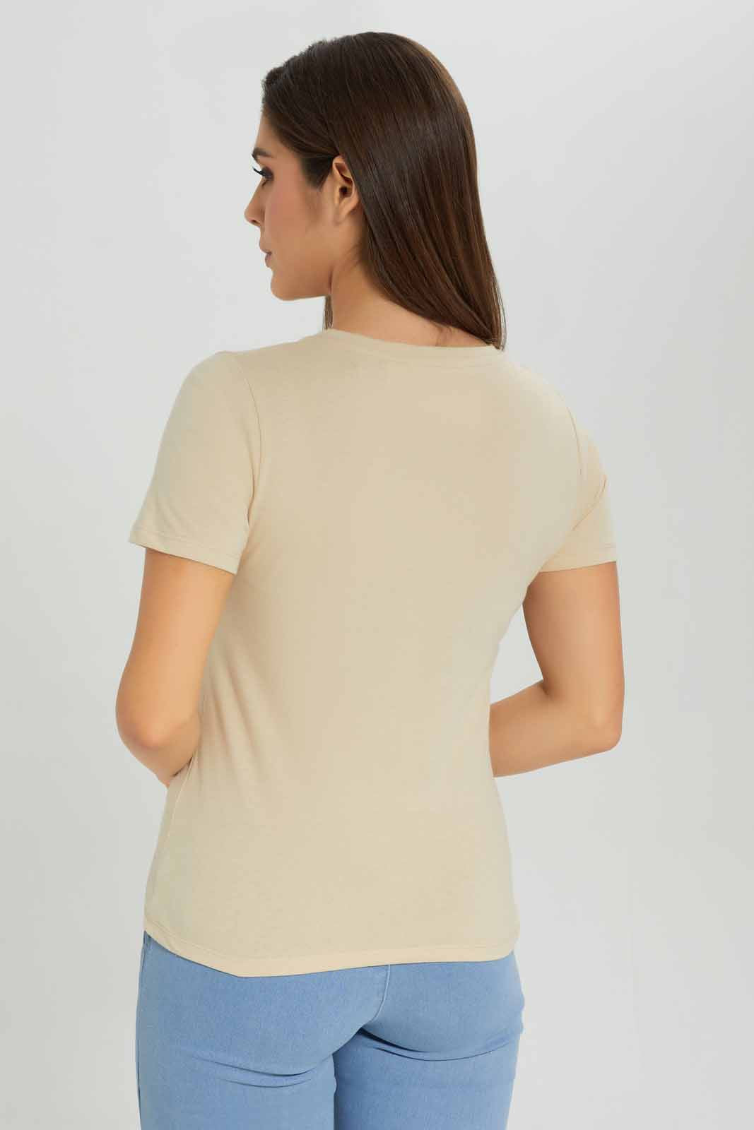 Redtag-Beige-Embellished-T-Shirt-Category:T-Shirts,-Colour:Beige,-Deals:New-In,-Dept:Ladieswear,-Filter:Women's-Clothing,-New-In-Women-APL,-Non-Sale,-Section:Women,-TBL,-W22B,-Women-T-Shirts-Women's-