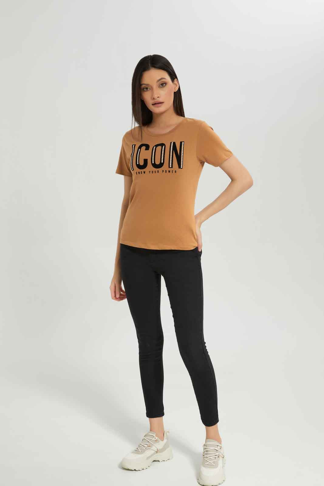 Redtag-Brown-Embellished-Printed-T-Shirt-Category:T-Shirts,-Colour:Brown,-Deals:New-In,-Dept:Ladieswear,-Filter:Women's-Clothing,-New-In-Women-APL,-Non-Sale,-Section:Women,-TBL,-W22B,-Women-T-Shirts-Women's-