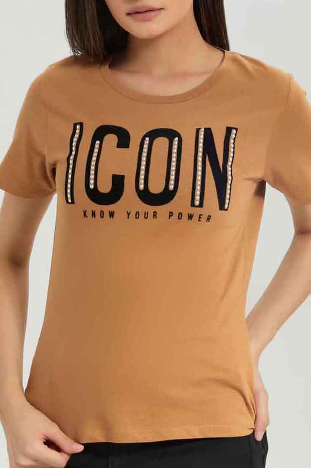 Redtag-Brown-Embellished-Printed-T-Shirt-Category:T-Shirts,-Colour:Brown,-Deals:New-In,-Dept:Ladieswear,-Filter:Women's-Clothing,-New-In-Women-APL,-Non-Sale,-Section:Women,-TBL,-W22B,-Women-T-Shirts-Women's-