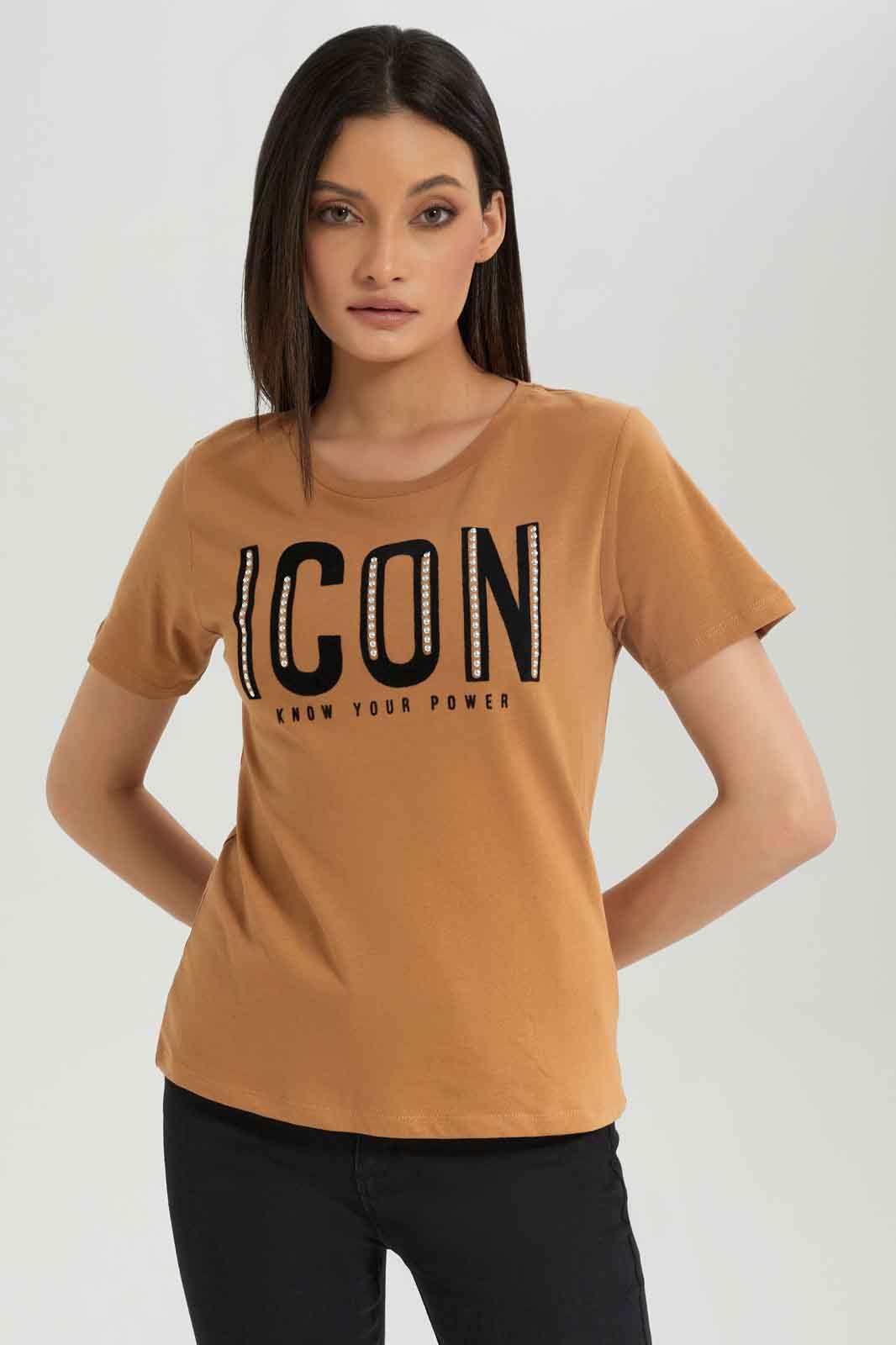 Redtag-Brown-Embellished-Printed-T-Shirt-Category:T-Shirts,-Colour:Brown,-Deals:New-In,-Dept:Ladieswear,-Filter:Women's-Clothing,-New-In-Women-APL,-Non-Sale,-Section:Women,-TBL,-W22B,-Women-T-Shirts-Women's-