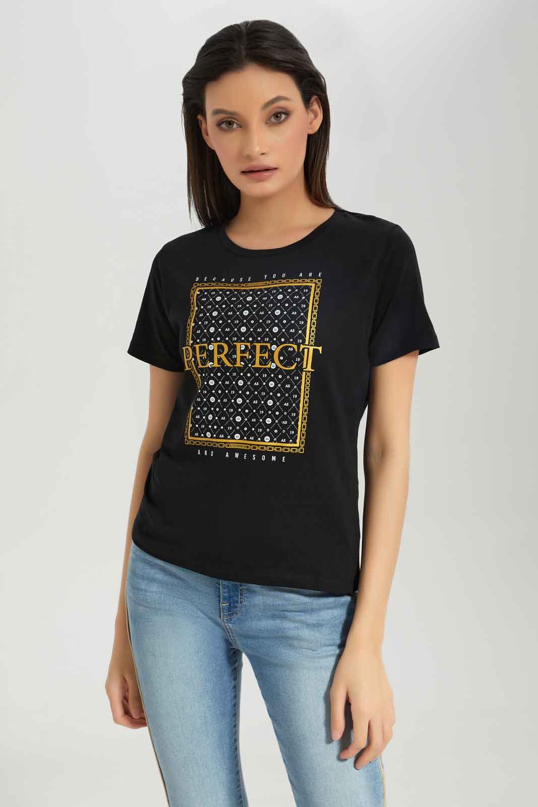 Redtag-Black-Embellished-T-Shirt-Category:T-Shirts,-Colour:Black,-Deals:New-In,-Dept:Ladieswear,-Filter:Women's-Clothing,-New-In-Women-APL,-Non-Sale,-Section:Women,-TBL,-W22B,-Women-T-Shirts-Women's-