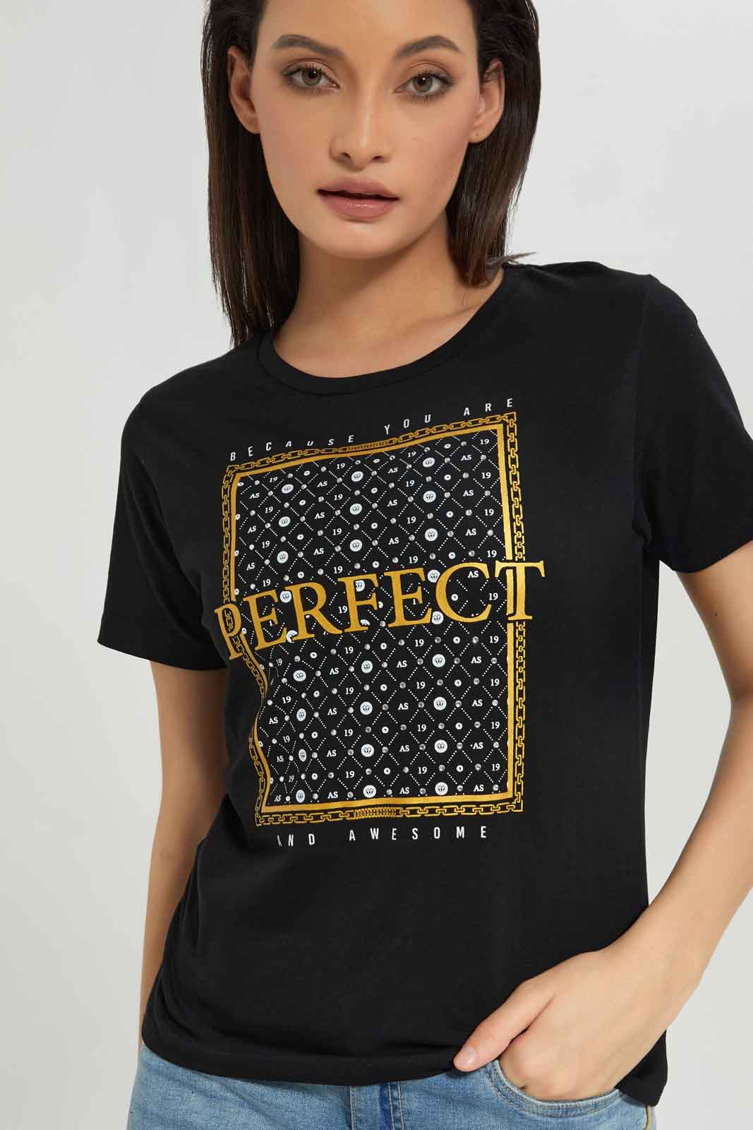 Redtag-Black-Embellished-T-Shirt-Category:T-Shirts,-Colour:Black,-Deals:New-In,-Dept:Ladieswear,-Filter:Women's-Clothing,-New-In-Women-APL,-Non-Sale,-Section:Women,-TBL,-W22B,-Women-T-Shirts-Women's-