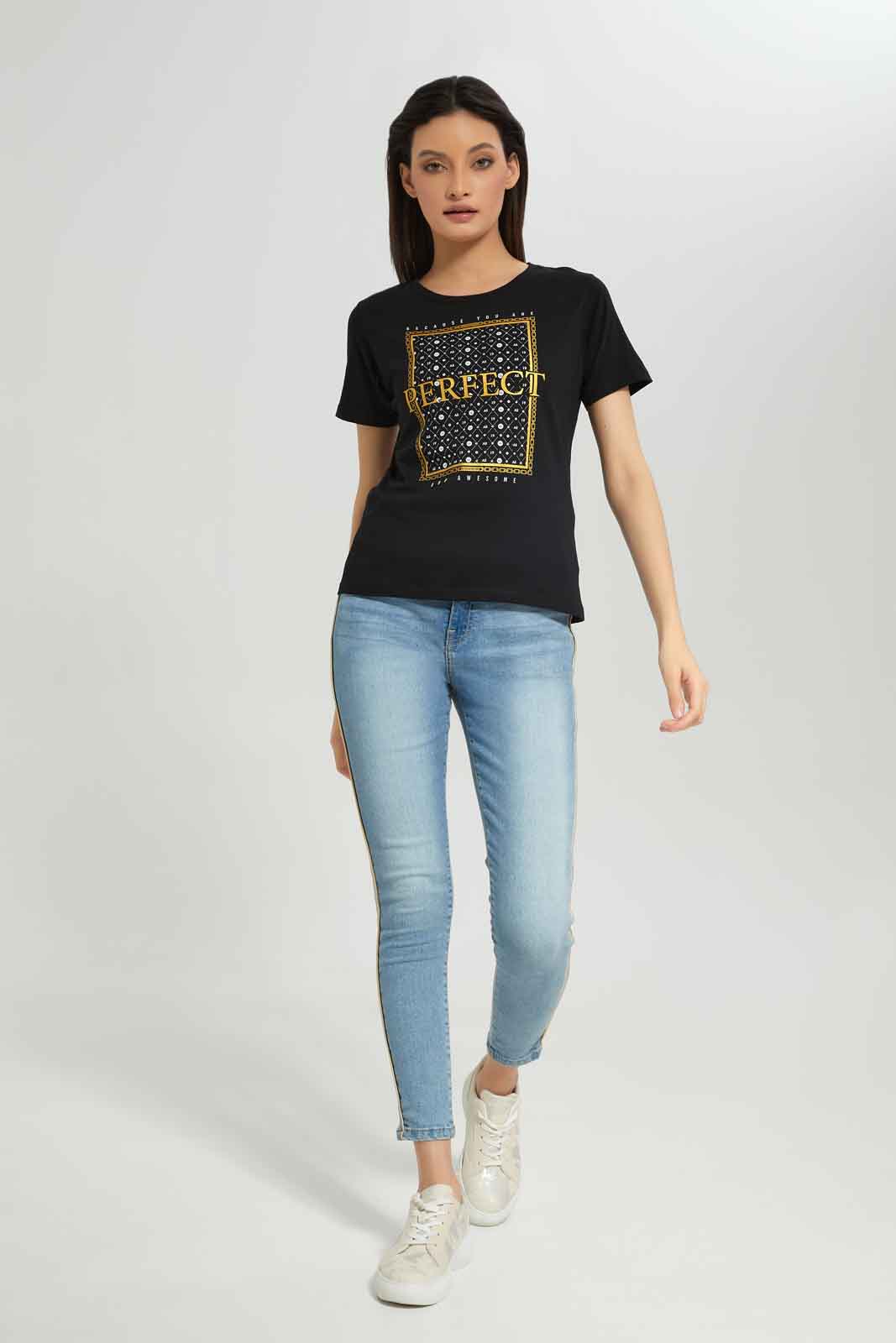 Redtag-Black-Embellished-T-Shirt-Category:T-Shirts,-Colour:Black,-Deals:New-In,-Dept:Ladieswear,-Filter:Women's-Clothing,-New-In-Women-APL,-Non-Sale,-Section:Women,-TBL,-W22B,-Women-T-Shirts-Women's-
