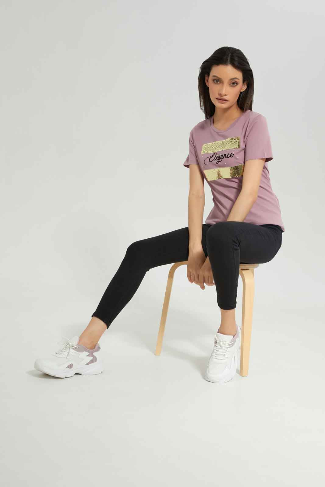 Redtag-Mauve-Embellished-T-Shirt-Category:T-Shirts,-Colour:Mauve,-Deals:New-In,-Dept:Ladieswear,-Filter:Women's-Clothing,-New-In-Women-APL,-Non-Sale,-Section:Women,-TBL,-W22B,-Women-T-Shirts-Women's-