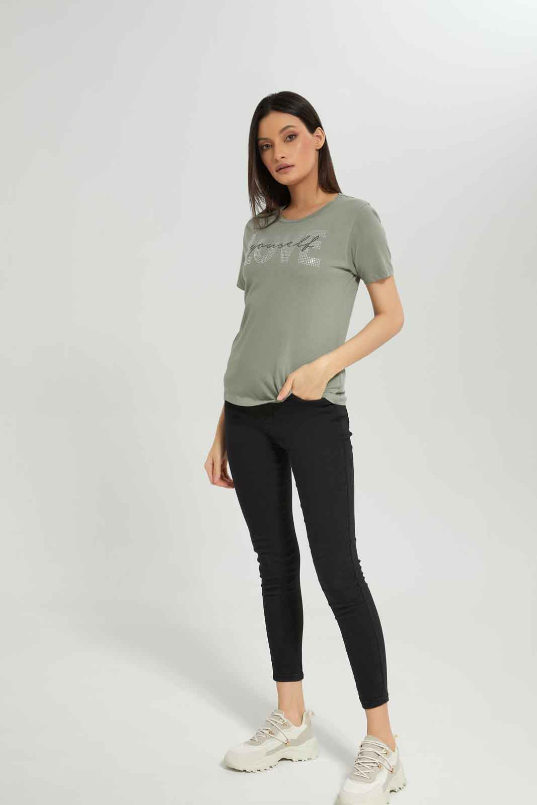 Redtag-Green-Embellished-T-Shirt-Category:T-Shirts,-Colour:Olive,-Deals:New-In,-Dept:Ladieswear,-Filter:Women's-Clothing,-New-In-Women-APL,-Non-Sale,-Section:Women,-TBL,-W22B,-Women-T-Shirts-Women's-