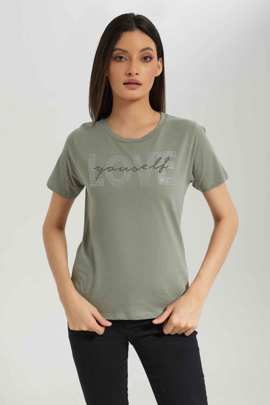 Redtag-Green-Embellished-T-Shirt-Category:T-Shirts,-Colour:Olive,-Deals:New-In,-Dept:Ladieswear,-Filter:Women's-Clothing,-New-In-Women-APL,-Non-Sale,-Section:Women,-TBL,-W22B,-Women-T-Shirts-Women's-