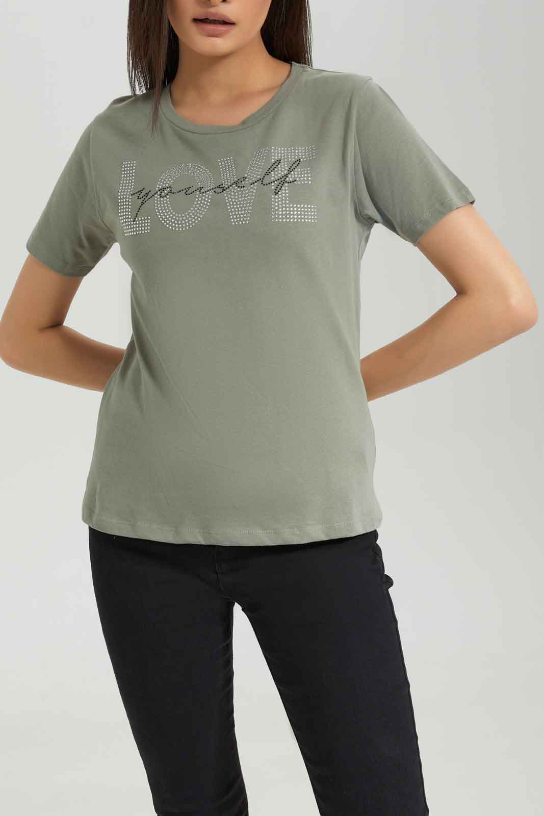 Redtag-Green-Embellished-T-Shirt-Category:T-Shirts,-Colour:Olive,-Deals:New-In,-Dept:Ladieswear,-Filter:Women's-Clothing,-New-In-Women-APL,-Non-Sale,-Section:Women,-TBL,-W22B,-Women-T-Shirts-Women's-