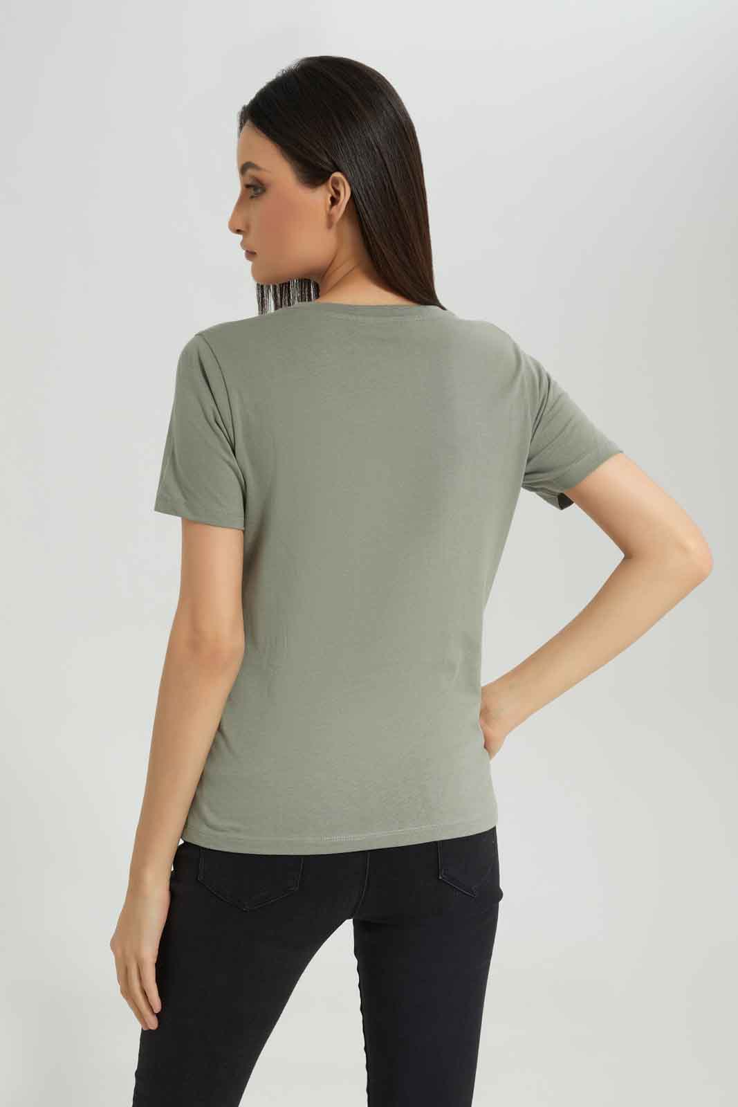Redtag-Green-Embellished-T-Shirt-Category:T-Shirts,-Colour:Olive,-Deals:New-In,-Dept:Ladieswear,-Filter:Women's-Clothing,-New-In-Women-APL,-Non-Sale,-Section:Women,-TBL,-W22B,-Women-T-Shirts-Women's-