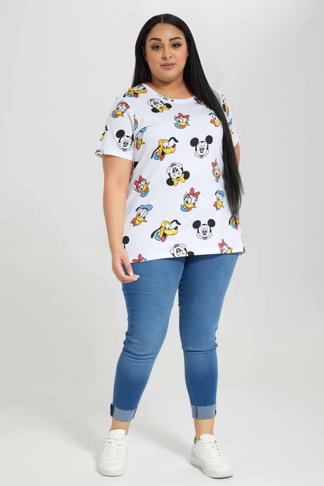 Redtag-White-Micky-Mouse-Allover-Printed-printed-T-Shirt-Category:T-Shirts,-Colour:Ivory,-Deals:New-In,-Filter:Plus-Size,-LDP-T-Shirts,-New-In-LDP-APL,-Non-Sale,-Section:Women,-TBL,-W22A-Women's-