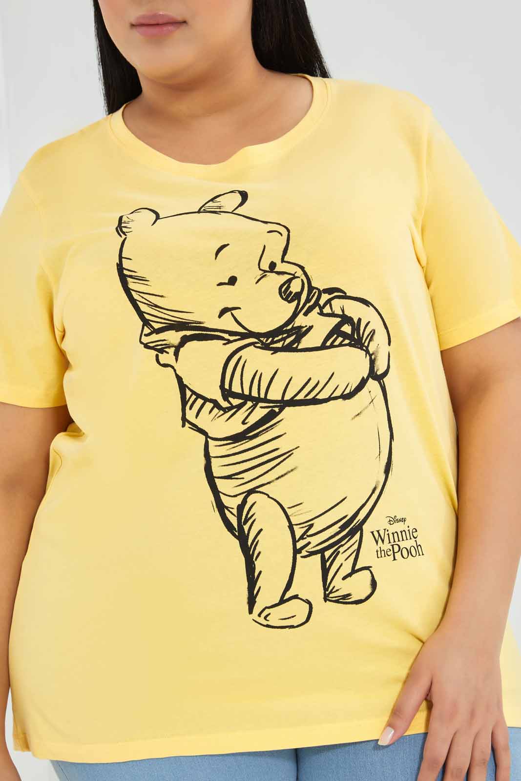 Redtag-Yellow-Winnie-The-Pooh-Printed-T-Shirt-Category:T-Shirts,-Colour:Mustard,-Deals:New-In,-Filter:Plus-Size,-LDP-T-Shirts,-New-In-LDP-APL,-Non-Sale,-Section:Women,-TBL,-W22A-Women's-