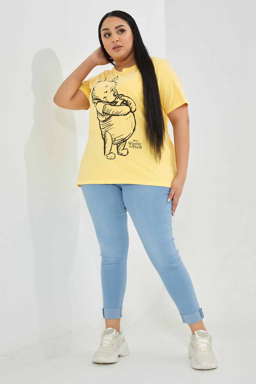 Redtag-Yellow-Winnie-The-Pooh-Printed-T-Shirt-Category:T-Shirts,-Colour:Mustard,-Deals:New-In,-Filter:Plus-Size,-LDP-T-Shirts,-New-In-LDP-APL,-Non-Sale,-Section:Women,-TBL,-W22A-Women's-